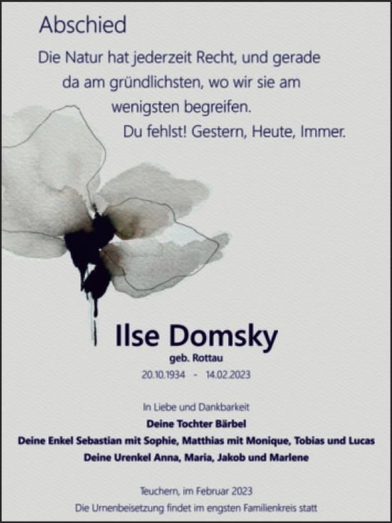 Traueranzeige von Ilse Domsky von Trauerkombi Weißenfels