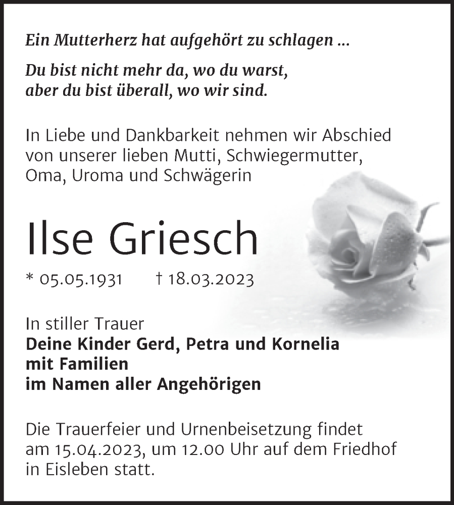  Traueranzeige für Ilse Griesch vom 25.03.2023 aus Trauerkombi Mansfelder Land