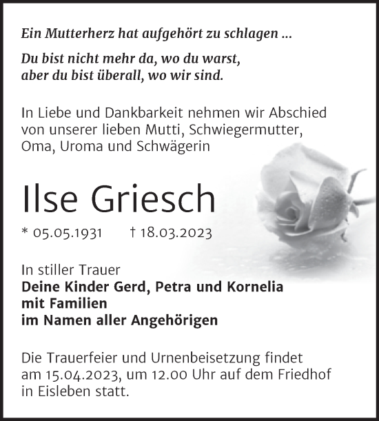Traueranzeige von Ilse Griesch von Trauerkombi Mansfelder Land