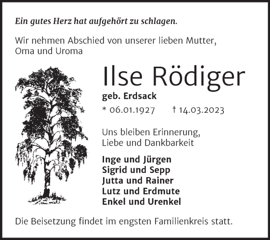 Traueranzeige von Ilse Rödiger von Trauerkombi Mansfelder Land