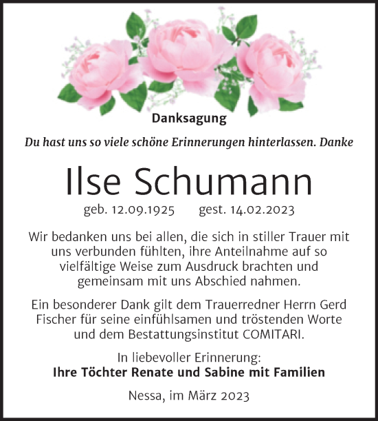 Traueranzeige von Ilse Schumann von Trauerkombi Weißenfels