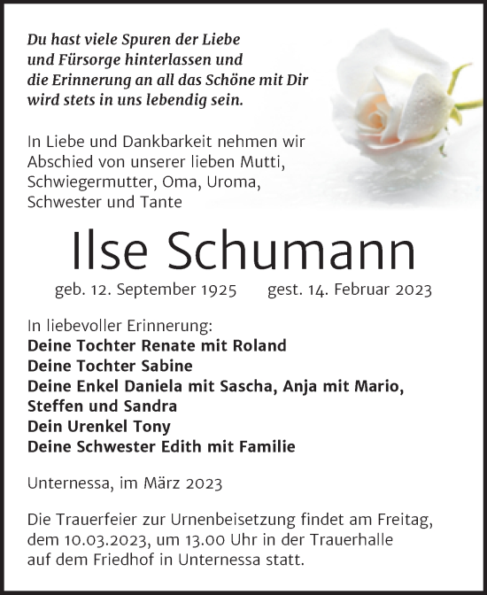 Traueranzeige von Ilse Schumann von Trauerkombi Weißenfels