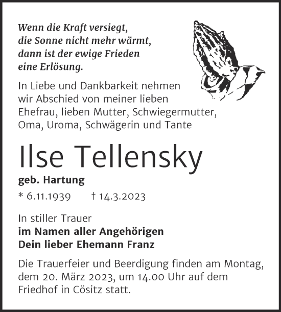 Traueranzeige von Ilse Tellensky von Trauerkombi Köthen