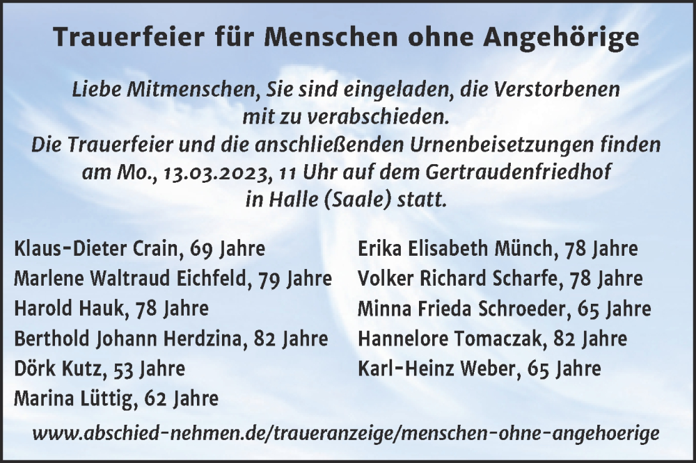 Traueranzeige für Menschen ohne Angehörige  vom 11.03.2023 aus Mitteldeutsche Zeitung Halle/Saalkreis