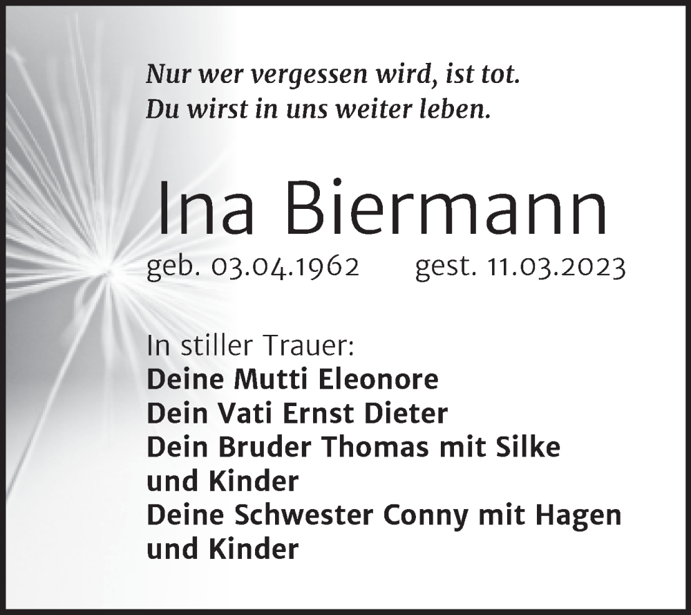 Traueranzeige für Ina Biermann vom 25.03.2023 aus Trauerkombi Wittenberg