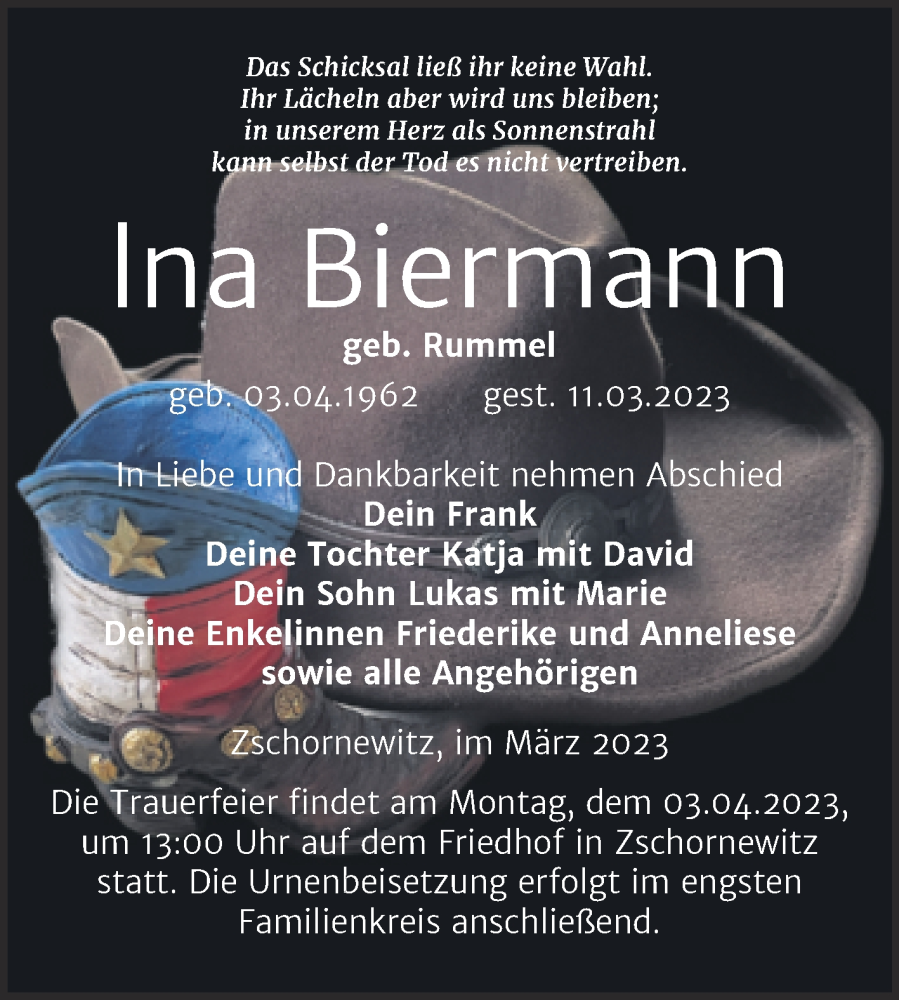  Traueranzeige für Ina Biermann vom 18.03.2023 aus Trauerkombi Wittenberg