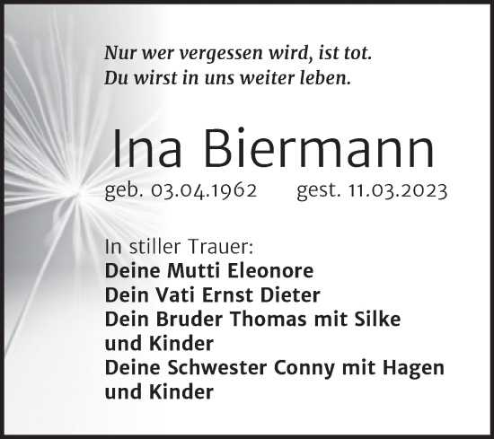 Traueranzeige von Ina Biermann von Trauerkombi Wittenberg