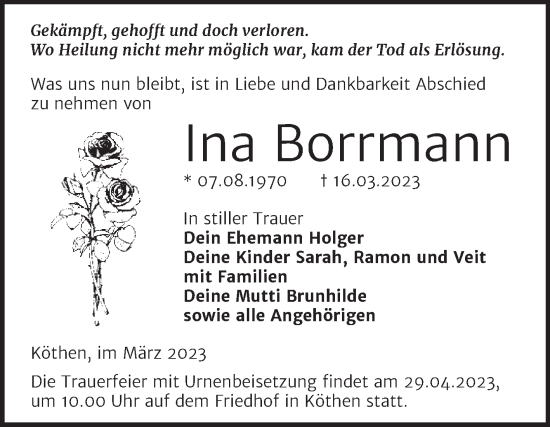 Traueranzeige von Ina Borrmann von Trauerkombi Köthen