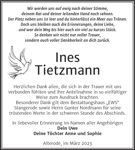 Traueranzeige von Ines Tietzmann von Trauerkombi Mansfelder Land