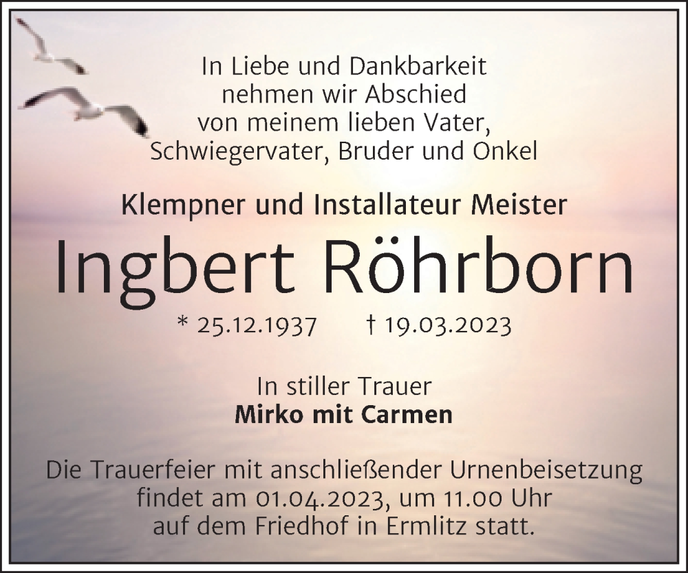  Traueranzeige für Ingbert Röhrborn vom 25.03.2023 aus Trauerkombi Merseburg