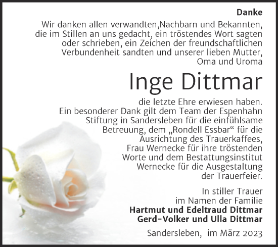 Traueranzeige von Inge Dittmar von Trauerkombi Mansfelder Land