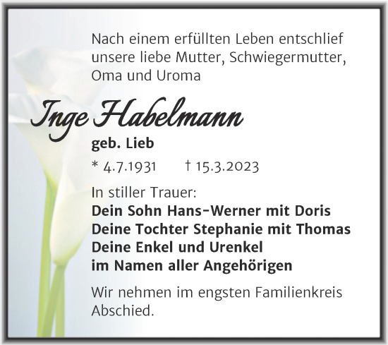 Traueranzeige von Inge Habelmann von Trauerkombi Weißenfels