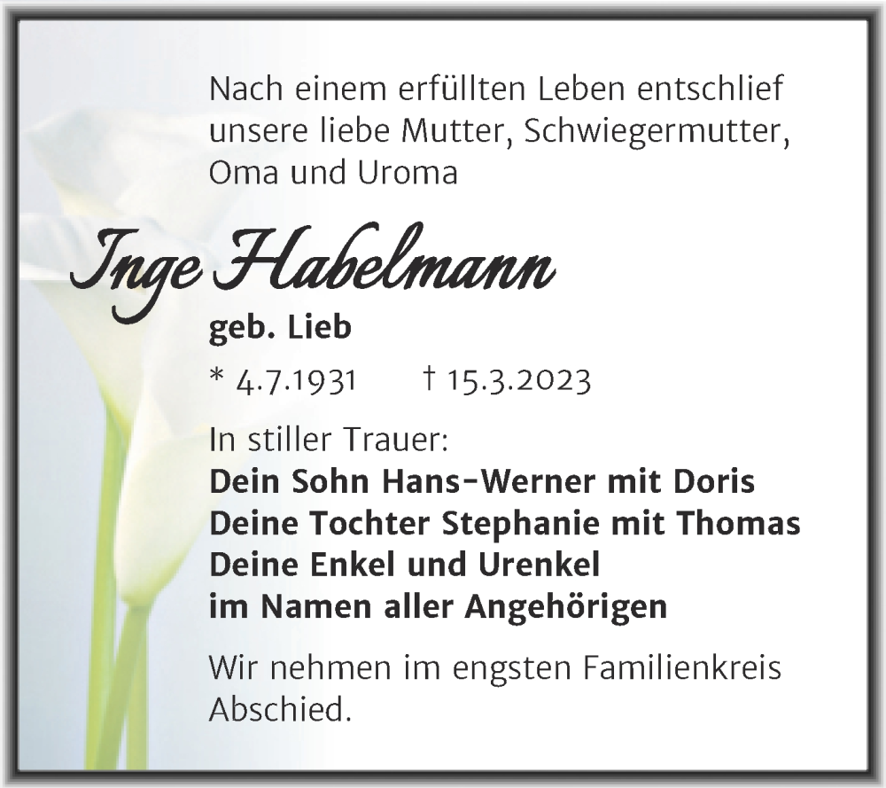  Traueranzeige für Inge Habelmann vom 18.03.2023 aus Trauerkombi Weißenfels