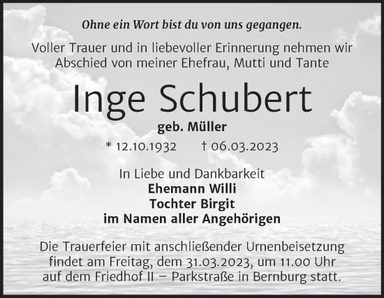 Traueranzeige von Inge Schubert von Trauerkombi Bernburg