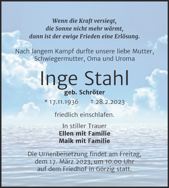 Traueranzeige von Inge Stahl von Trauerkombi Köthen