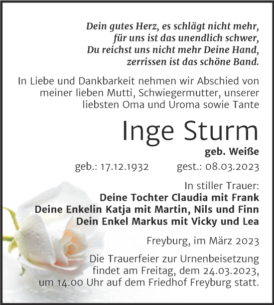 Traueranzeige von Inge Sturm von Wochenspiegel Naumburg/Nebra