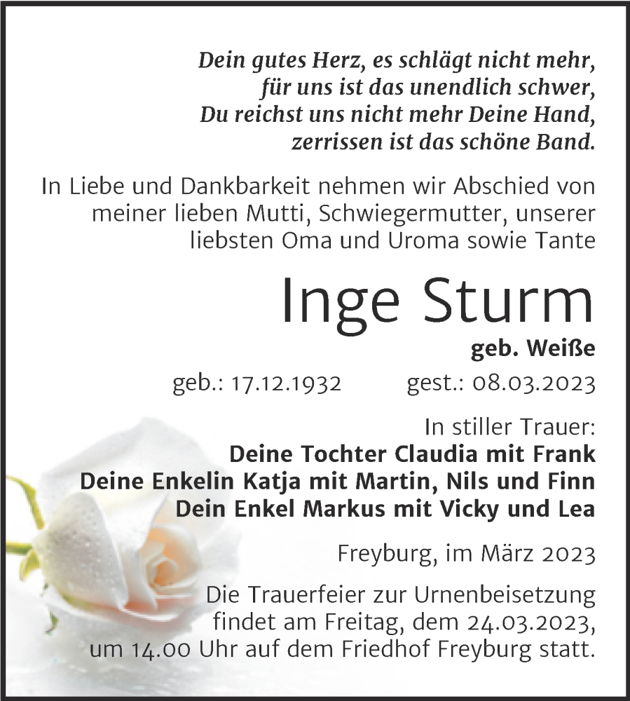  Traueranzeige für Inge Sturm vom 15.03.2023 aus Wochenspiegel Naumburg/Nebra