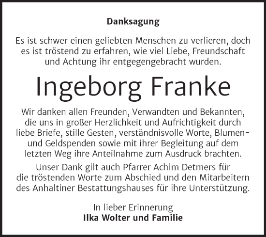 Traueranzeige von Ingeborg Franke von Trauerkombi Dessau