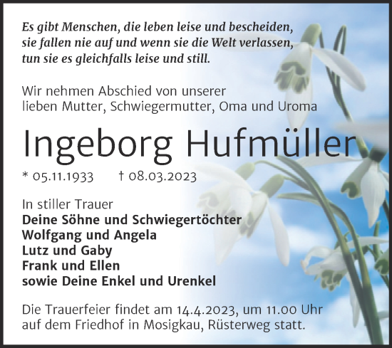 Traueranzeige von Ingeborg Hufmüller von Trauerkombi Dessau