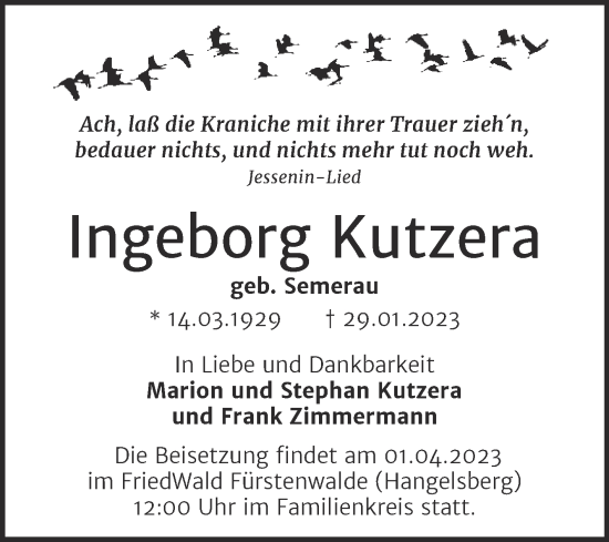 Traueranzeige von Ingeborg Kutzera von Trauerkombi Dessau