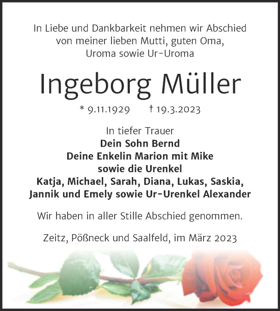 Traueranzeige von Ingeborg Müller von Trauerkombi Zeitz