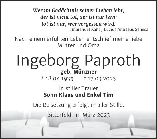 Traueranzeige von Ingeborg Paproth von Trauerkombi Bitterfeld