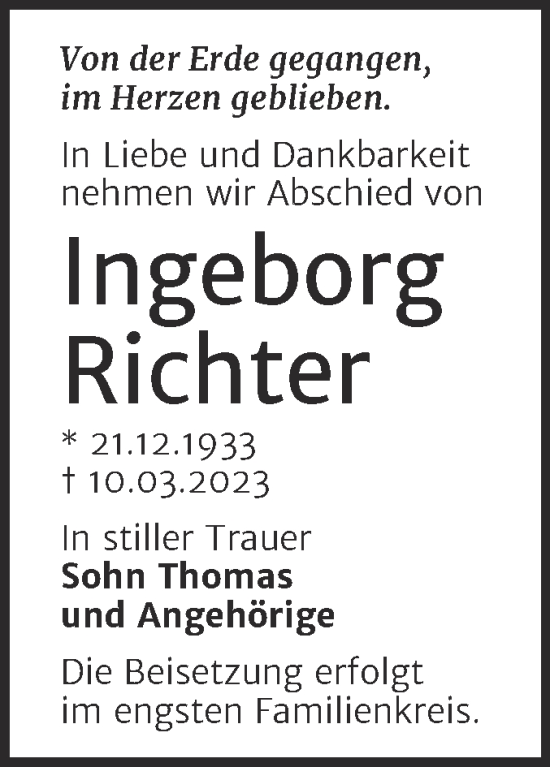 Traueranzeige von Ingeborg Richter von Trauerkombi Bernburg