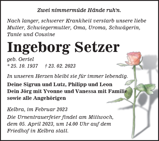 Traueranzeige von Ingeborg Setzer von Trauerkombi Sangerhausen