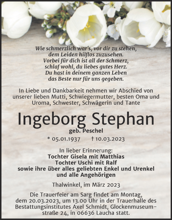 Traueranzeige von Ingeborg Stephan von Naumburger Tageblatt