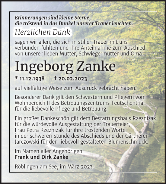 Traueranzeige von Ingeborg Zanke von Trauerkombi Mansfelder Land