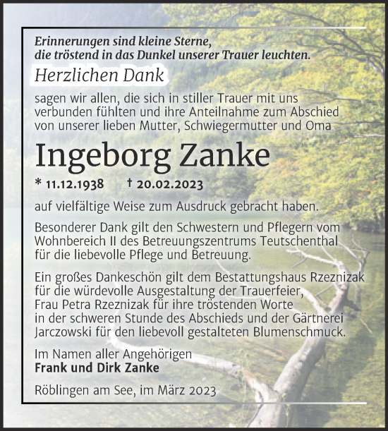 Traueranzeige von Ingeborg Zanke von Mitteldeutsche Zeitung Halle/Saalkreis
