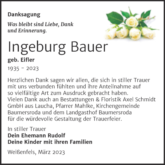 Traueranzeige von Ingeburg Bauer von Trauerkombi Merseburg