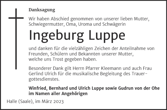 Traueranzeige von Ingeburg Luppe von Mitteldeutsche Zeitung Halle/Saalkreis