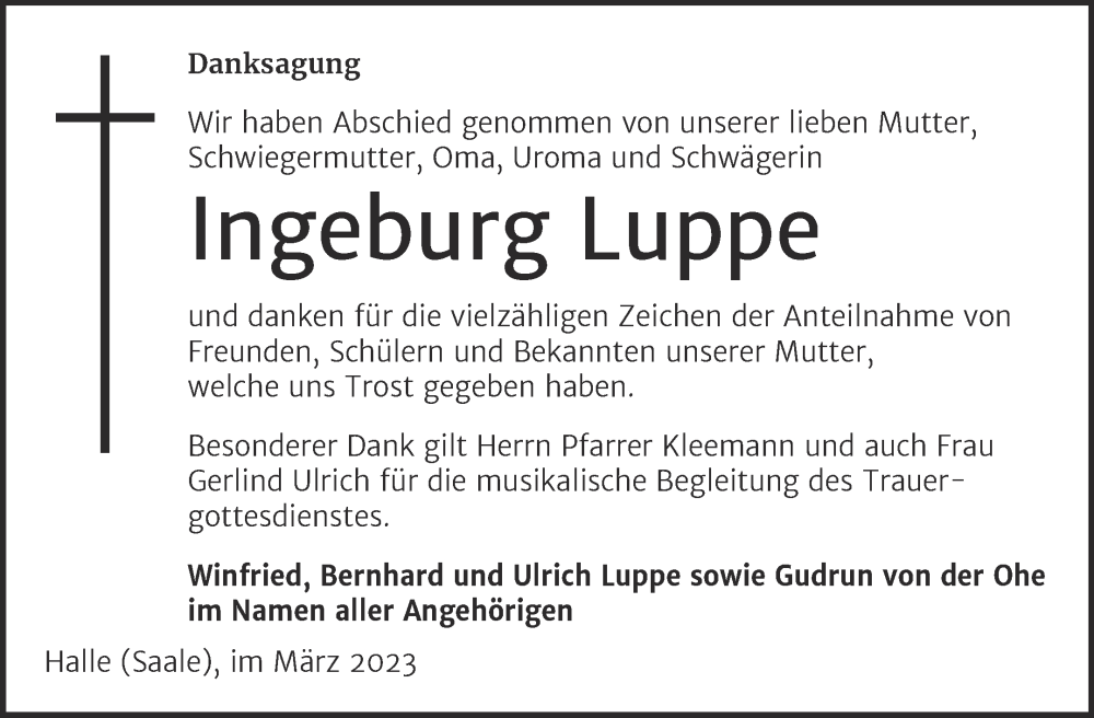  Traueranzeige für Ingeburg Luppe vom 11.03.2023 aus Mitteldeutsche Zeitung Halle/Saalkreis