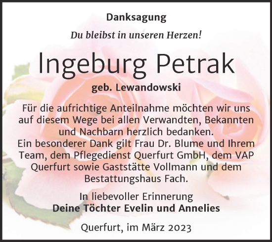 Traueranzeige von Ingeburg Petrak von Trauerkombi Merseburg