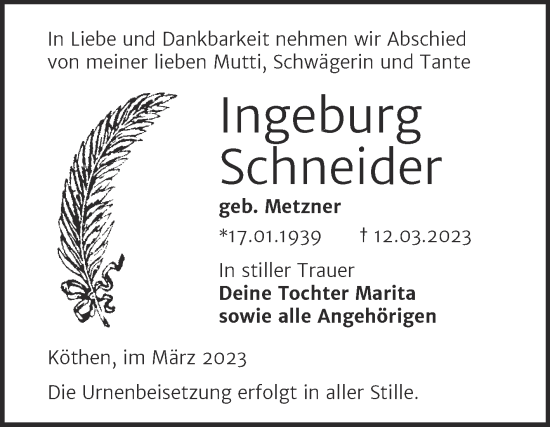 Traueranzeige von Ingeburg Schneider von Trauerkombi Köthen