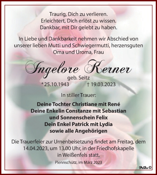 Traueranzeige von Ingelore Kerner von Trauerkombi Weißenfels