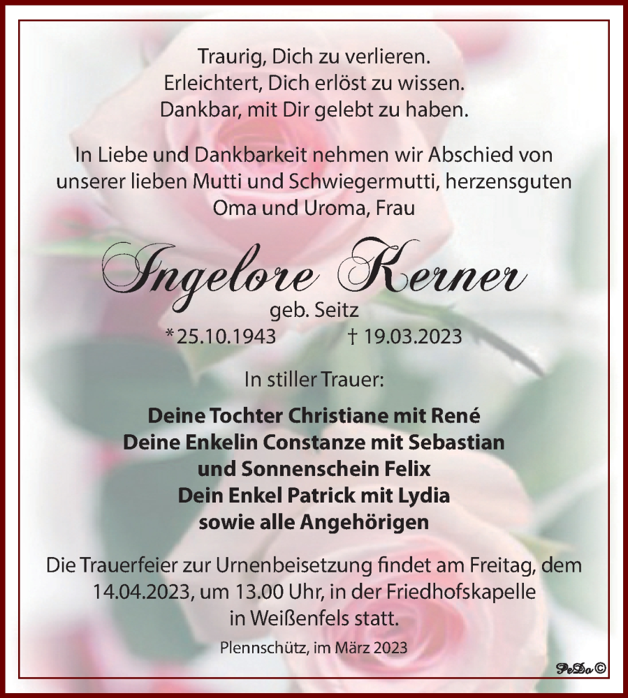  Traueranzeige für Ingelore Kerner vom 25.03.2023 aus Trauerkombi Weißenfels