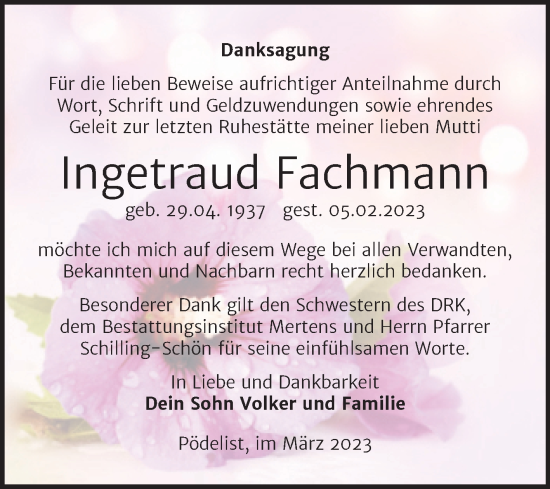 Traueranzeige von Ingetraud Fachmann von Naumburger Tageblatt