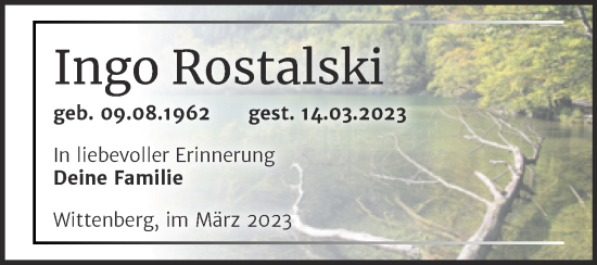 Traueranzeige von Ingo Rostalski von Trauerkombi Wittenberg