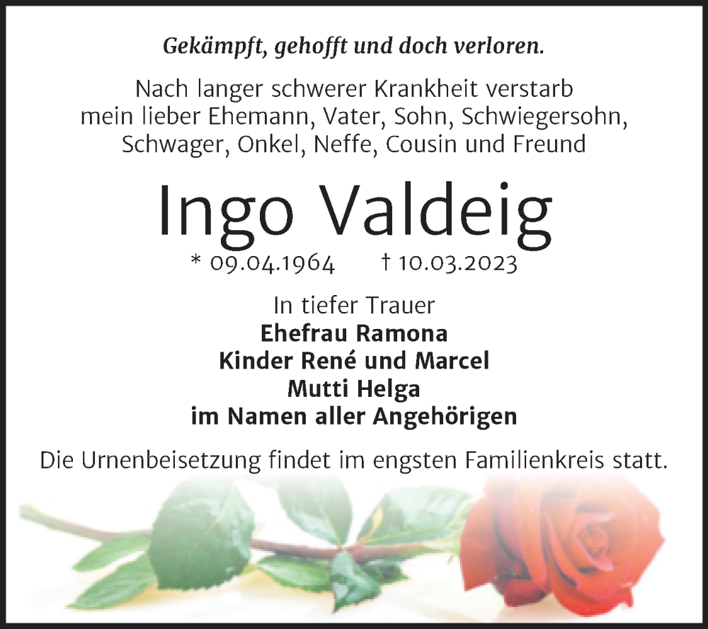  Traueranzeige für Ingo Valdeig vom 18.03.2023 aus Trauerkombi Bernburg