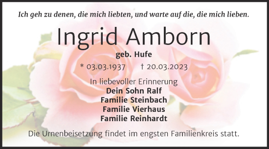 Traueranzeige von Ingrid Amborn von Trauerkombi Merseburg