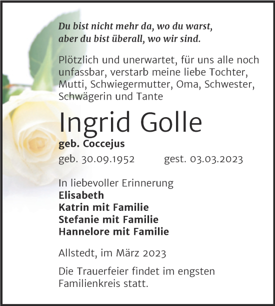 Traueranzeige von Ingrid Golle von Trauerkombi Sangerhausen