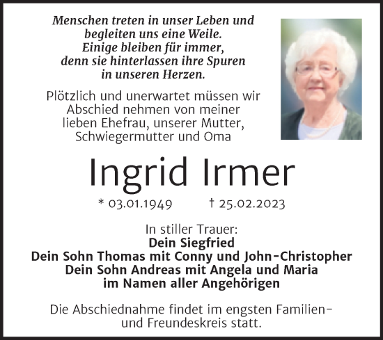 Traueranzeige von Ingrid Irmer von Trauerkombi Dessau