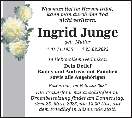 Traueranzeige von Ingrid Junge von Trauerkombi Sangerhausen
