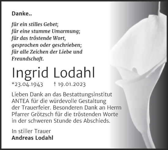 Traueranzeige von Ingrid Lodahl von Trauerkombi Dessau
