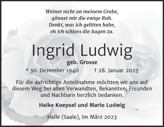 Traueranzeige von Ingrid Ludwig von Mitteldeutsche Zeitung Halle/Saalkreis