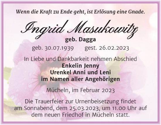 Traueranzeige von Ingrid Masukowitz von Trauerkombi Merseburg