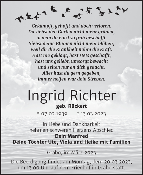 Traueranzeige von Ingrid Richter von Trauerkombi Wittenberg
