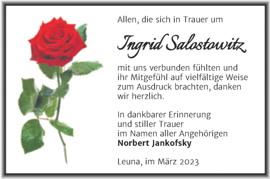 Traueranzeige von Ingrid Salostowitz von Trauerkombi Merseburg